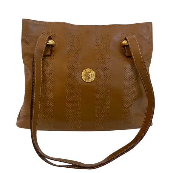 Vintage Fendi Caramel Tote Bag w/ COA Gold Hardware Pequin Stripes Authentic Y2K - Picture 5 of 16